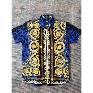 Phat Farm Men’s Button Shirt Large Blue Gold Leopard Print Short Sleeve Y2K